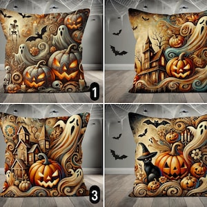 Vintage Halloween Pillow Cover, Old School Style Spooky Gothic Halloween Pillow Cover, Bats Ghosts & Jack-O&#39;-Lanterns Throw Pillow Case
