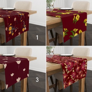 Burgundy Floral Table Runner, Boho Flowers on Bordeaux Red Kitchen Runner, Claret Red Tablecloth, Maroon Home Textile, Unique Home Decor
