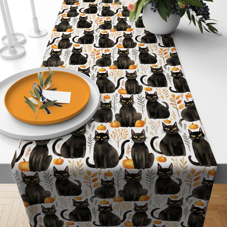 Black Orange Halloween Table Runner, Black Cat Pumpkin Haunted House ...
