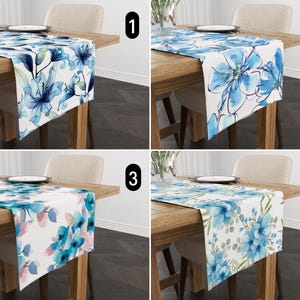 Blue Flowers Table Runner, Floral Elegant Watercolor Table Runner, Modern Botanical Summer & Spring Table Runner, Dining Room Decor,Any Size