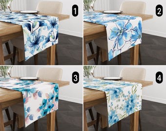 Runner da tavolo con fiori blu, elegante runner da tavolo con acquerello floreale, moderno runner da tavolo estivo e primaverile botanico, arredamento per sala da pranzo, qualsiasi dimensione