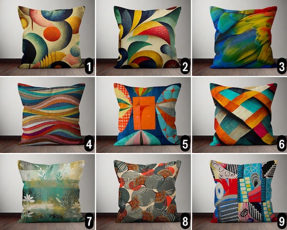 Abstract Colorful Pillow Case, Modern Vibrant Art Cushion Cover,  Blue Yellow Orange Red Green Pillow Cover, Unique Home Decor, 16x16, 18x18