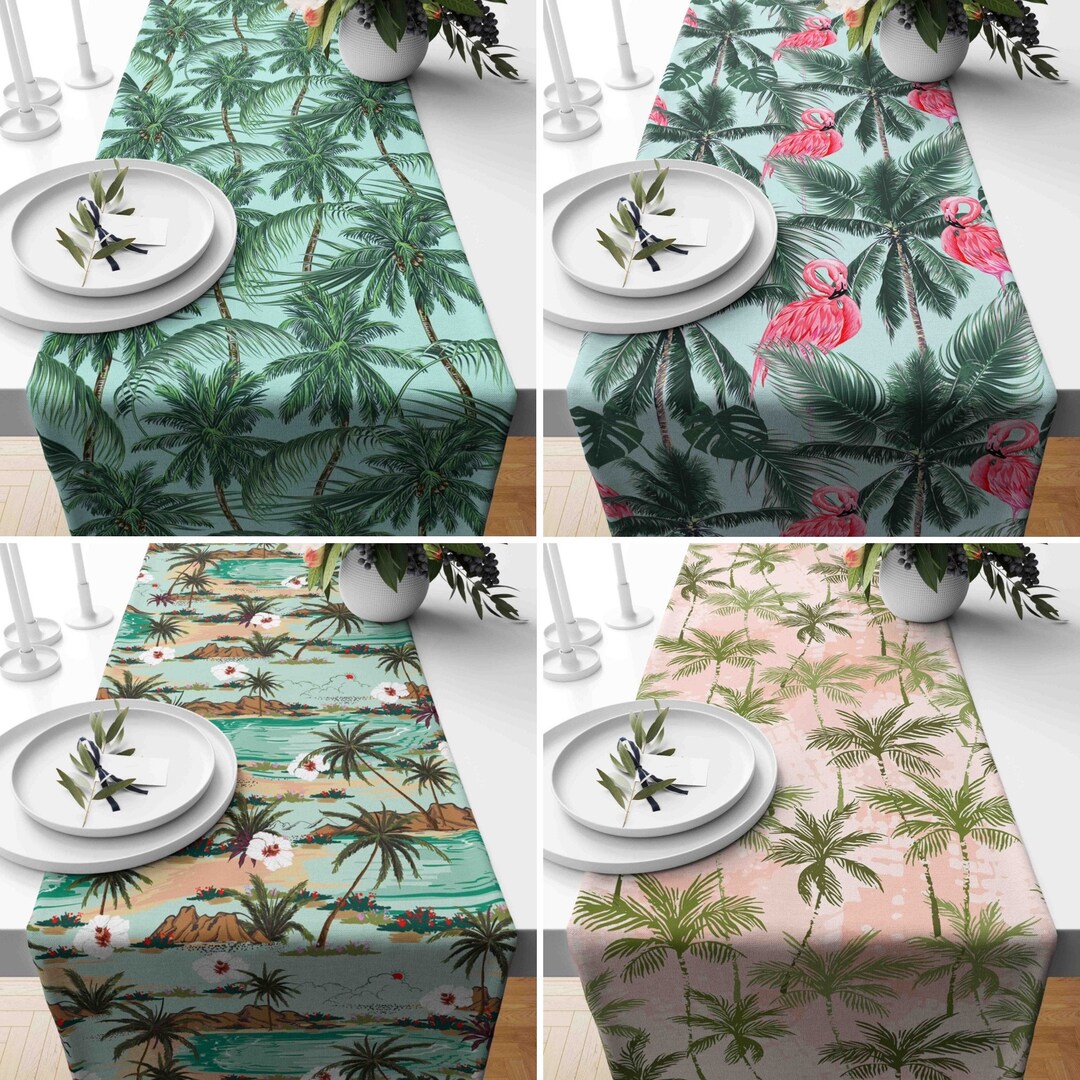 Pink & Green Palm Trees Table Runner, Tropical Summer Runner, Palm