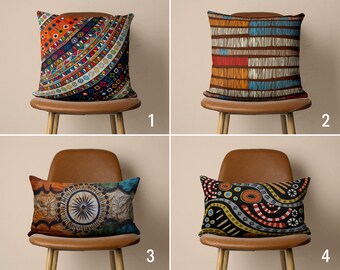 Ethnic Boho Design Pillow Cover, Blue Orange Tribal Cushion Cover, Authentic Abstract Throw Pillow Case, Eclectic Home Decor, 18x18 20x20