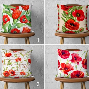 Poppy Flower Pillow Case, Floral Pillow Cover, Red & Green Cushion Cover, Flowery Home Decor, Euro Pillow Sham, Any Size Pillow