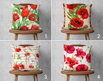 Poppy Flower Pillow Case, Floral Pillow Cover, Red & Green Cushion Cover, Flowery Home Decor, Euro Pillow Sham, Any Size Pillow