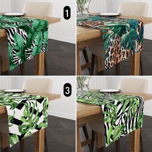Leaves & Animal Print Table Runner, Botanical Leaves Leopard Zebra Print Kitchen Runner, Tropical Zigzag Pattern Tablecloth, Any Size Runner
