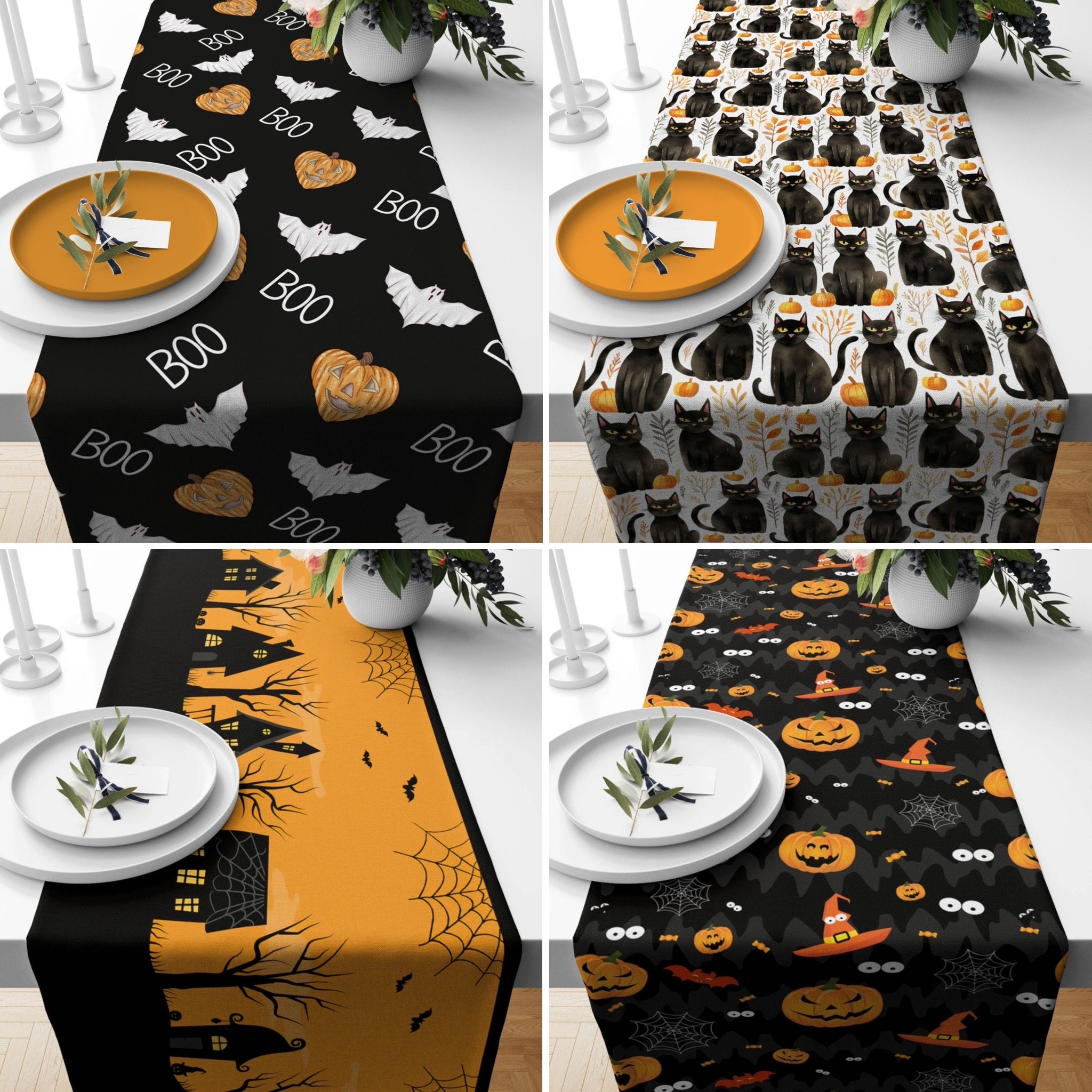 Black Orange Halloween Table Runner, Black Cat Pumpkin Haunted House ...