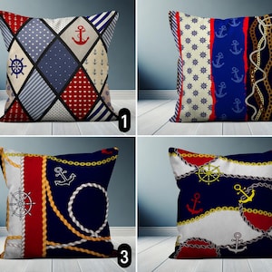 Nautical Throw Pillow Cover, Navy Blue & Red Marine Pillow Case, Anchor Ship Wheel Ropes Cushion Cover, Beach House Decor, Maritime Decor