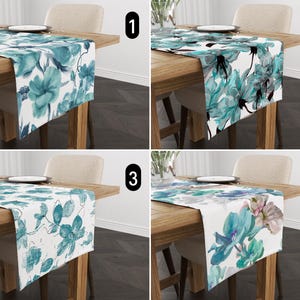 Floral Teal Blue Table Runner, Abstract Spring & Summer Flowers Table Runner, Elegant Modern Botanical Table Runner, Boho Dining Room Decor