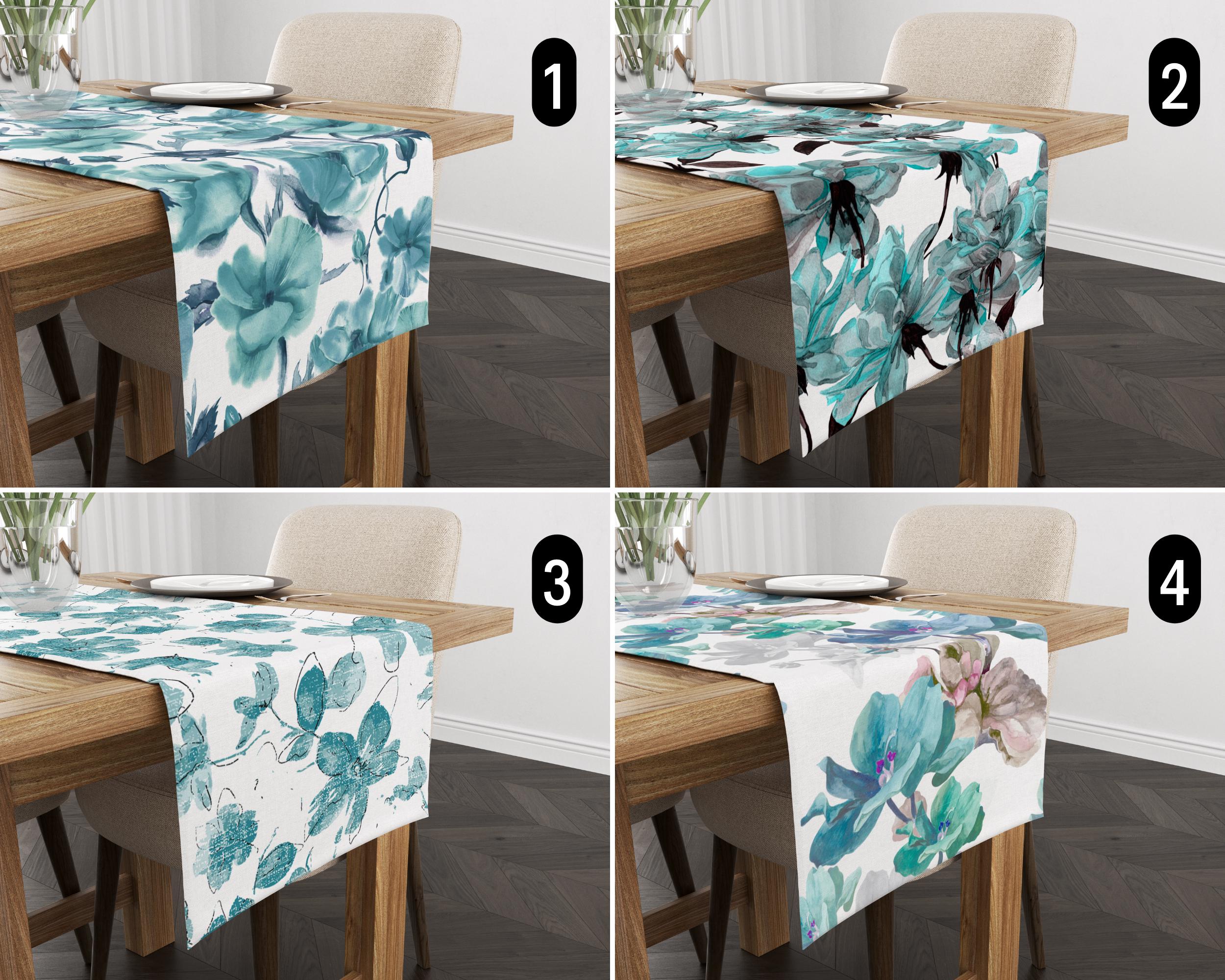 Floral Teal Blue Table Runner, Abstract Spring & Summer Flowers