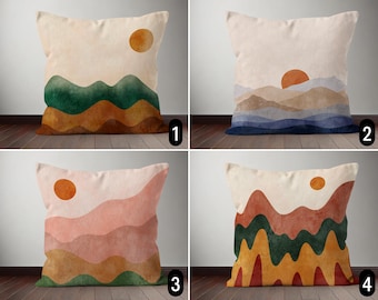 Boho Abstract Landscape Pillow Cover, Layered Hills & Mountain Design Cushion Cover, Mid Century Modern Decor,Minimalist Scenery Pillow Case