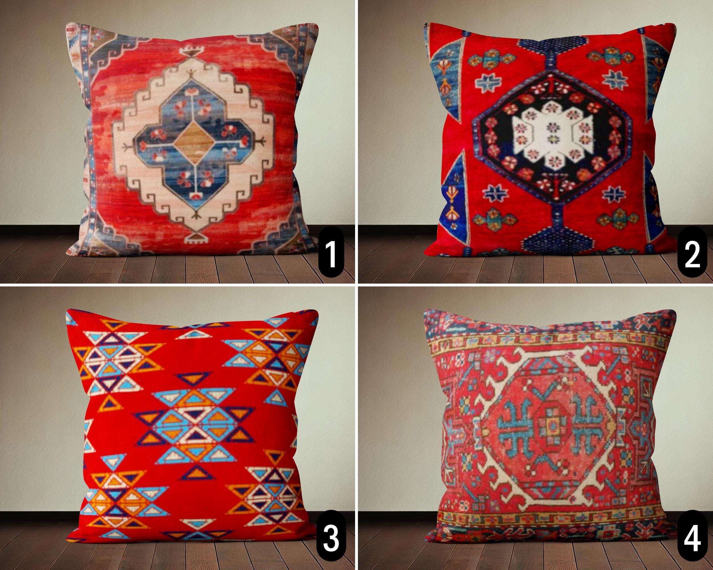 Red Ethnic Kilim Design Digital Print Pillow Cover, Turkish Rug Design Pillow Case, Boho Southwestern Cushion Cover, Farmhouse Decor, 20x20