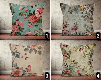 Vintage Floral Throw Pillow Cover, Boho Antique Elegant Flowers Pillow Case, Digital Print Rustic Classic Romantic Farmhouse Pillow Cover