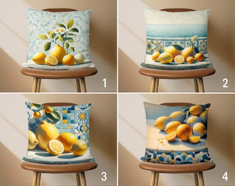 Blue & Yellow Lemon and Tile Design Pillow Covers, Summer Citrus Cushion Cover, Italian Coastal Style Pillow Case, Beach House Decor, 20x20