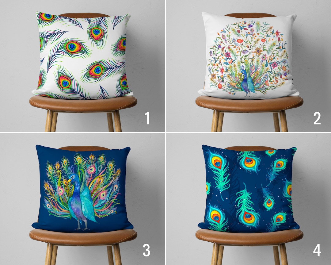 Peacock Pillow Cover, Blue White Peafowl Pillow Case, Peacock Feather