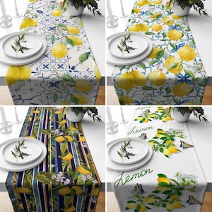 Lemon & Tile Design Table Runner, Blue Yellow Mediterranean Style Runner, Italian Summer Decor, Citrus Table Linens, Home Textile Decor