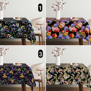 Boho Dark Garden Flowers Tablecloth, Floral Design Black Background Tablecloth, Romantic Classic Elegant Tablecloth,Luxury Dining Room Decor