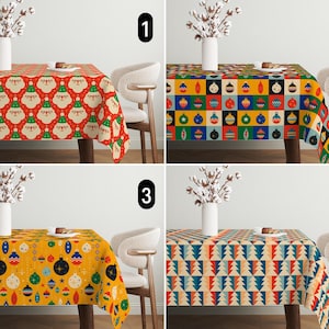 Retro Colorful Christmas Tablecloth, Pine Trees Bauble Ornaments & Santa Claus Tablecloth, Winter Holiday Decor, Mid Century Modern Decor