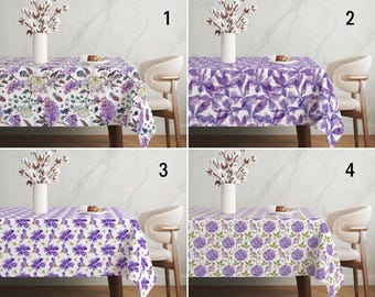 Nappe florale violette, nappe fleurs aquarelle couleur lilas et lavande, nappe printemps botanique romantique, décoration de salle à manger