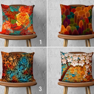 Orange Red & Blue Flowers and Trees Pillow Case, Vivid Warm Colored Floral Cushion Cover, Vibrant Pillow Cover, Living Room Decor, 18x18