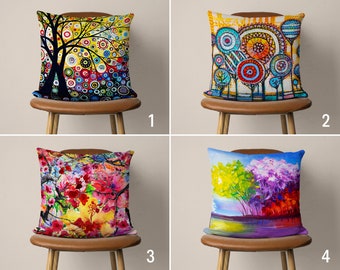 Vivid Color Abstract Trees Pillow Case, Colorful Bright Tree Cushion Cover, Vibrant Painting Throw Pillow Cover, Any Size Pillow, 16x16