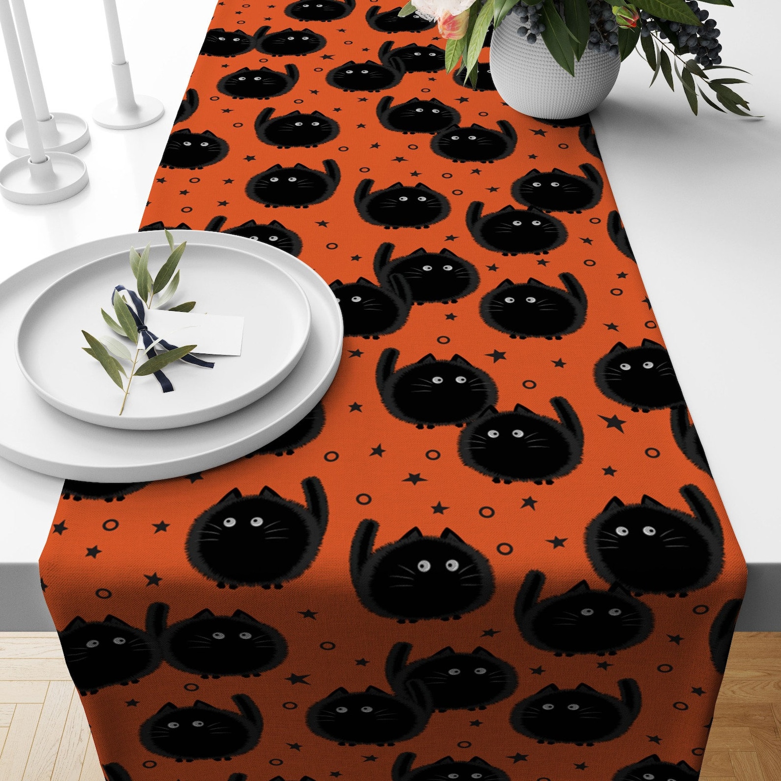 Orange & Black Halloween Table Runner, Black Cat and Bat Table Runner ...