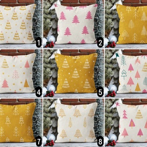 Yellow Pink Christmas Trees Pillow Case, Cute Pine Tree Pattern Pillow Cover, Joyful Winter Holiday Lumbar Pillow Cover, New Year Decoration