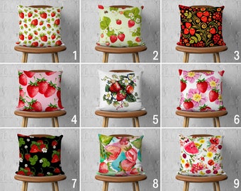 Strawberry Pillow Case, Summer Fruit Pillow Cover, Red & Pink Strawberry Cushion Cover, Any Size Pillow, Throw Pillows, 20x20 12x12 24x24