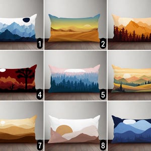 Abstract Landscape Lumbar Pillow Cover, Modern Minimalist Sunset & Moonlit View Custom Pillow Case, Mountains Hills Scenery Cushion Cover