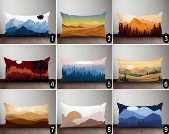 Abstract Landscape Lumbar Pillow Cover, Modern Minimalist Sunset & Moonlit View Custom Pillow Case, Mountains Hills Scenery Cushion Cover