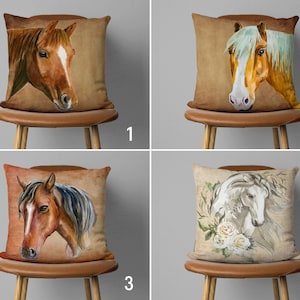 May include: Four throw pillow covers featuring different horse designs. The first pillow cover features a brown horse with a brown background. The second pillow cover features a light brown horse with a white mane and tail on a brown background. The third pillow cover features a brown horse with a black mane and tail on a brown background. The fourth pillow cover features a white horse with a floral design on a brown background.