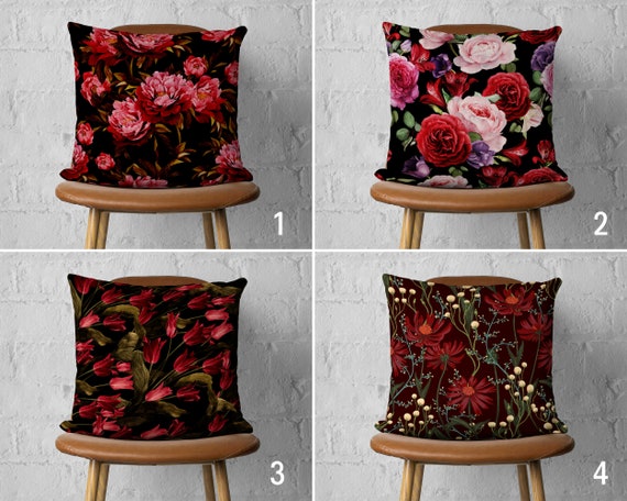 Boho Burgunder Blumen Kissenbezug, Floral Bordeaux Rot Kissenbezug, Weinrot & Schwarz Kissenbezug, Boho Wohndekor, Wohnzimmer Dekor
