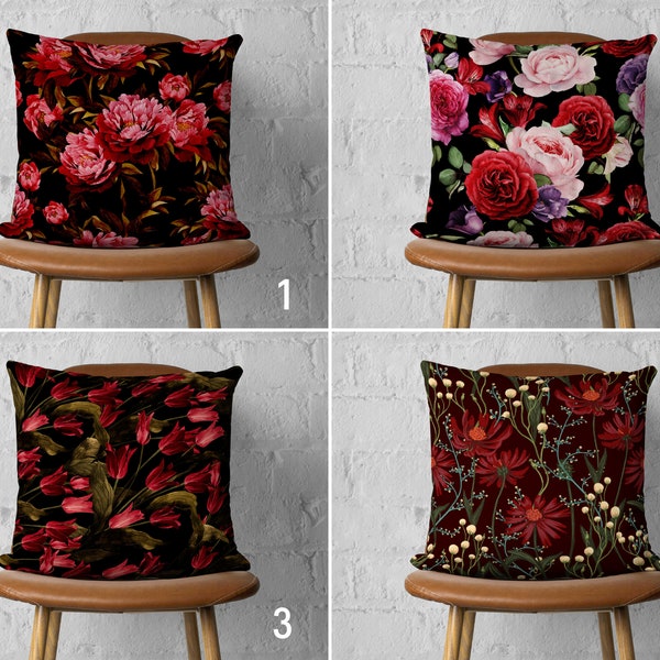 Boho Bordeaux fleurs taie d'oreiller, housse de coussin Floral Bordeaux rouge, bordeaux rouge & noir housse de coussin, Boho Home Decor, décor de salon