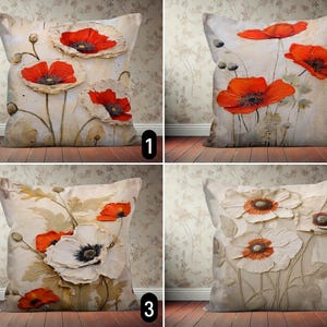 Rustic Poppy Flowers Design Pillow Case, Red & Beige Floral Cushion Cover, Vintage Digital Print Boho Pillow Cover, Country House Decor