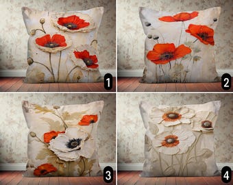 Rustieke klaproos bloemen design kussensloop, rode en beige bloemen kussenhoes, vintage digitale print boho kussensloop, decor landhuis