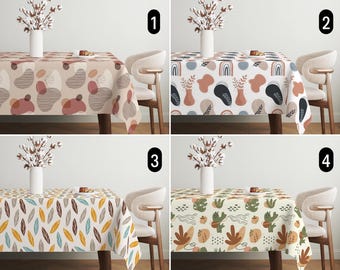 Boho Abstract Tablecloth, Modern Minimalist Tablecloth, Scandinavian Style Organic Shapes & Leaves Tablecloth, Bohemian Dining Room Decor