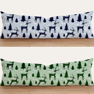 Federa per cuscino lombare con motivo cervo, fodera per cuscino oversize verde e blu foresta di pini, fodera per cuscino invernale per il corpo, arredamento per la camera da letto, decorazioni natalizie
