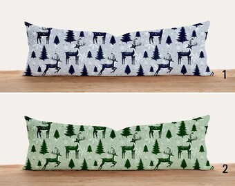 Deer Pattern Lumbar Pillow Case, Green & Blue Pine Forest Oversized Pillow Cover, Winter Body Pillow Cover, Bedroom Decor, Christmas Decor