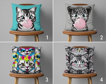 Cute Cat Portrait Pillow Cover, Turquoise & Gray Cat Pattern Cushion Cover, Funny Kitten Pillow Case, Any Size Pillow, Bedroom Pillow Cover