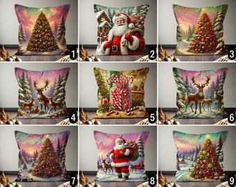 Puede incluir: Diez fundas de cojín con temática navideña con diferentes diseños. Los diseños incluyen un árbol de Navidad, Papá Noel, renos, bastones de caramelo y una escena de invierno. Las fundas de cojín son todas rectangulares y tienen un fondo blanco.