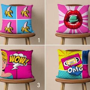 Pop Art Pillow Cover, Colorful Illustration Cushion Cover, Modern Pillow Case, Retro Home Decor, Any Size Pillow, Custom Size Pillow
