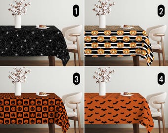 Halloween Tischdecke, Gruselige Tischdecke in Orange Schwarz, Fledermäuse Kürbisse & Spinnennetz Tischdecke, Esszimmer Dekor, Herbst Bauernhaus Dekor