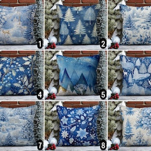 Copricuscino con paesaggio di pini blu, federa per cuscino con albero di pino e bacche di agrifoglio, copricuscino per le vacanze invernali, arredamento accogliente per la casa, regalo di Natale