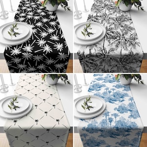 Palm Trees Table Runner, Black White Blue Tropical Runner, Tropical Summer Tablecloth, Beach House Decor, Exotic Palm Design Table Linens