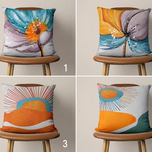 Orange & Blue Flowers and Landscapes Pillow Cover, Abstract Pillow Case, Vivid Color Floral Cushion Cover, Any Size Pillow, 20x20 24x24