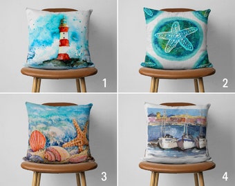 Blue Coastal Pillow Cover, Beach House Nautical Cushion Cover, Lighthouse Throw Pillows, Handmade Pillow, Starfish Decor, 12x16, 12x20