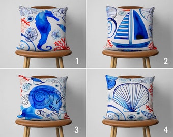 Nautical Sailboat Pillow Cover, Seashell Coastal Cushion Cover, Seahorse Beach House Pillowcase, Ocean House Decor, 18x18 20x20 Pillows