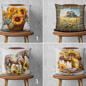 Sunflower Design Floral Accent Pillow Case, Yellow Farmhouse Cushion Cover, Country House Horse Throw Pillow Cover, Summer House Decor