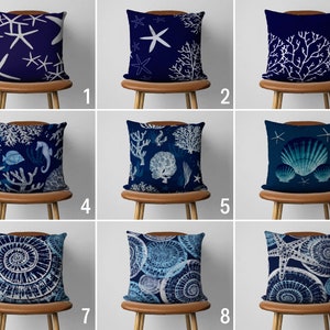 Marineblauwe kustkussensloop, donkerblauwe strandhuiskussenhoes, mariene kussensloop, oceaanhuisdecor, nautisch kussen van elke grootte